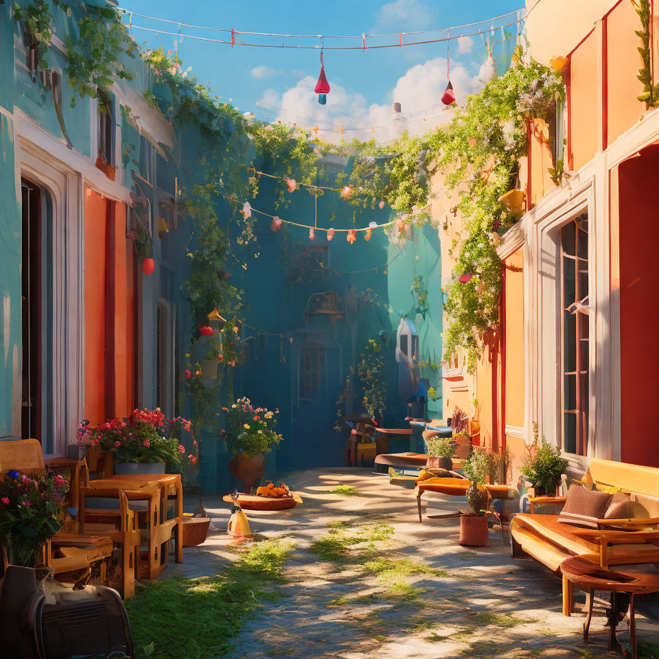 Sunlit alley with hanging plants and colorful walls.