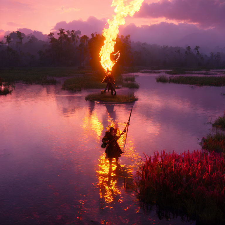 Person breathing fire on small island at dusk observed from boat with fire's reflection on water.