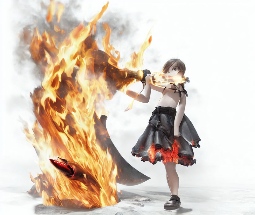 Anime-style girl in dark dress wields giant flaming sword