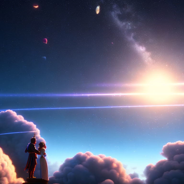 Animated characters on clouds watching sunrise with stars and planet in sky