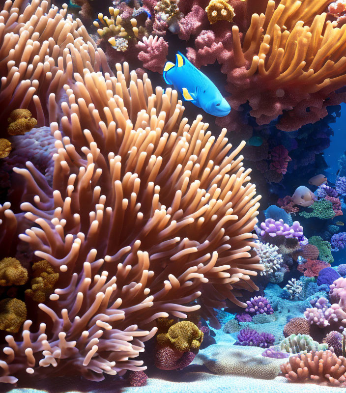 Colorful Underwater Scene with Blue Fish and Coral Formations in Orange, Purple, and Yellow