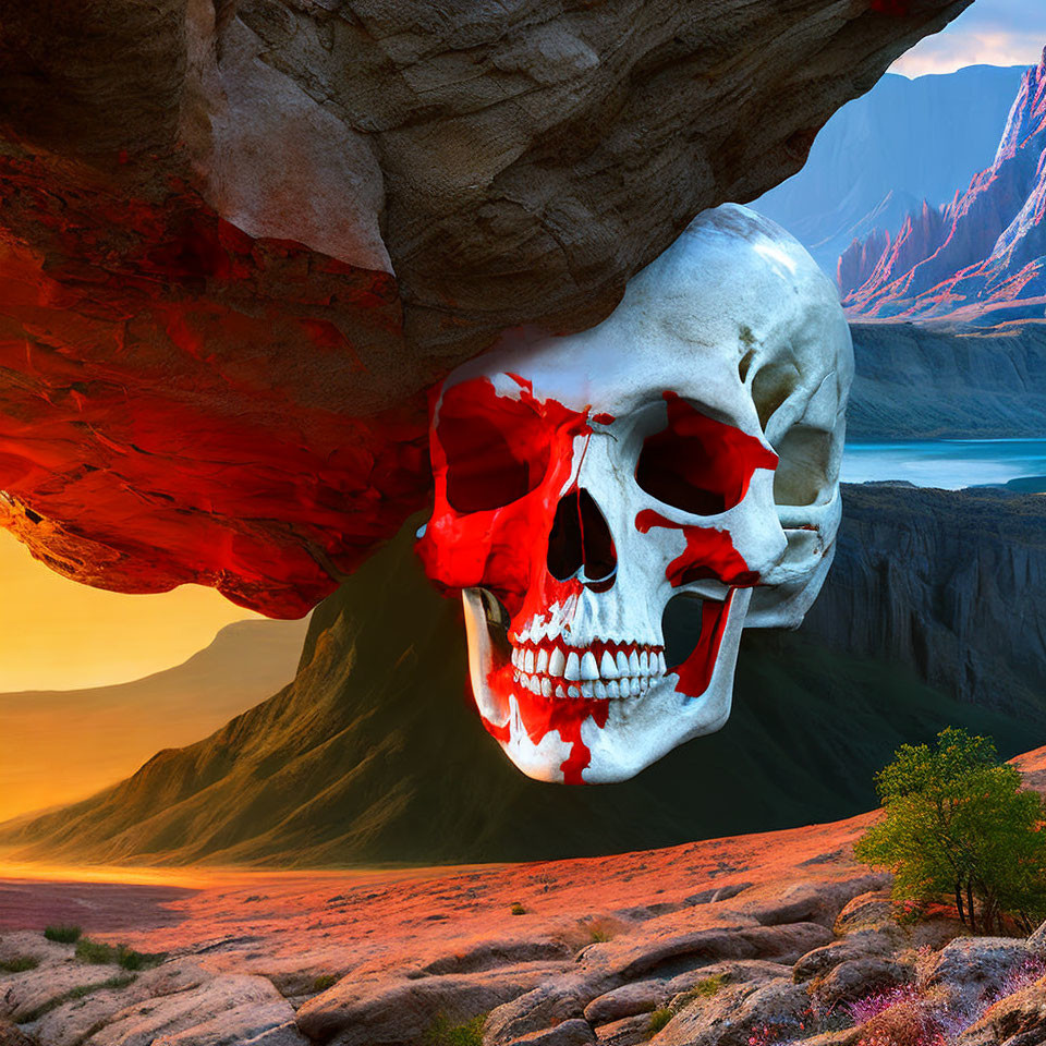 Surreal landscape with massive skull in rocky terrain by serene lake at sunset