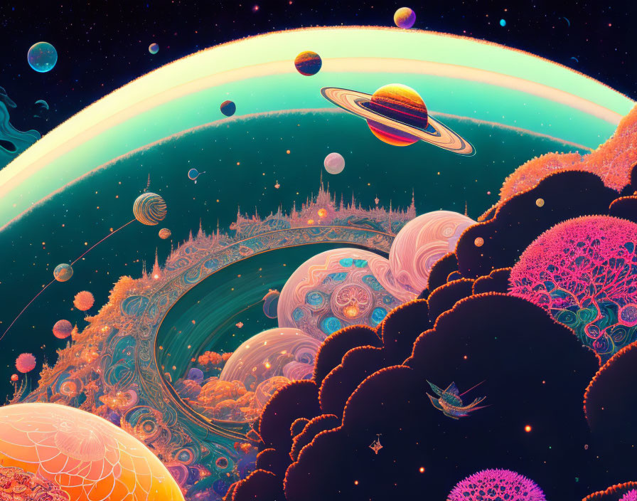 Colorful cosmic scene with celestial bodies, rainbow aura, and whimsical ship