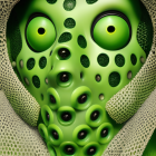 Whimsical green creature with big eyes and porous face.