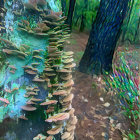 Mystical forest with stream, dead tree, and mushrooms