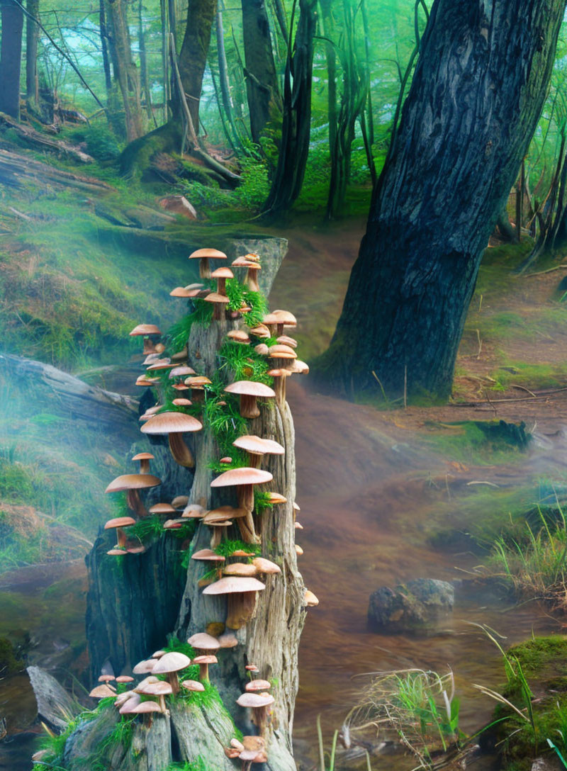 Mystical forest with stream, dead tree, and mushrooms