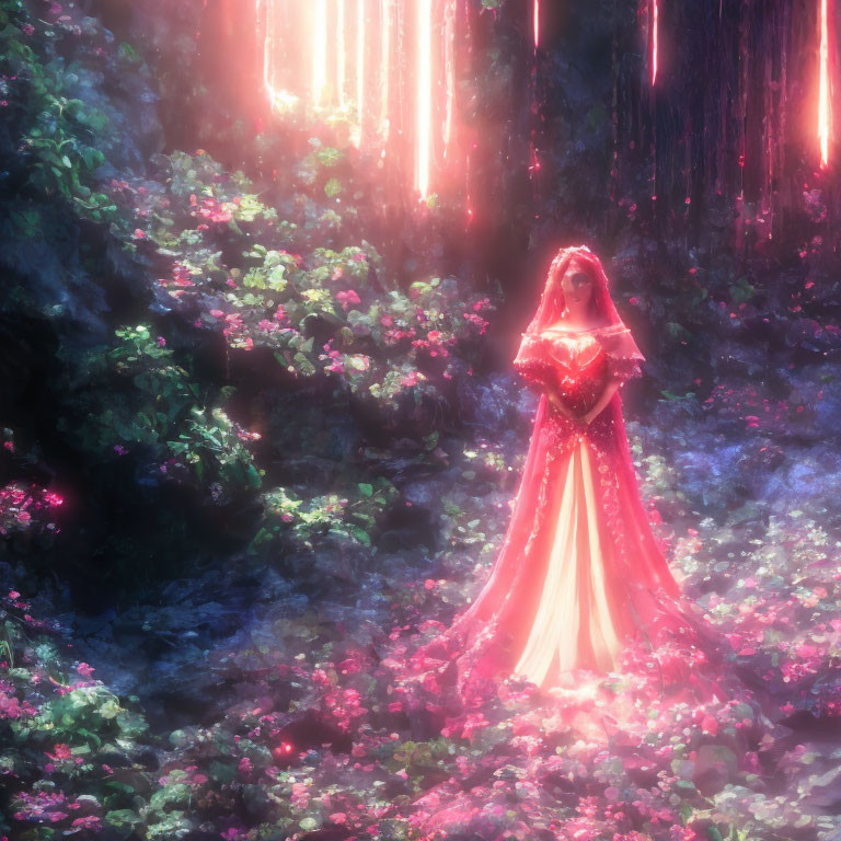 Red Flowing Dress Figure in Mystical Forest with Vibrant Flowers