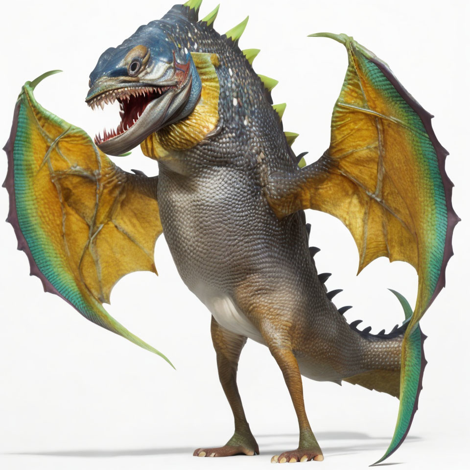 Fantasy creature digital illustration: dinosaur body, dragon wings, spikes, sharp teeth