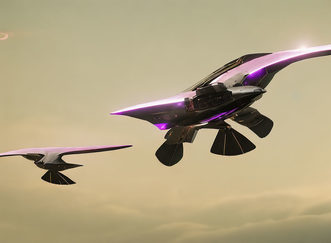 Futuristic aircraft in cloudy amber sky with purple accents