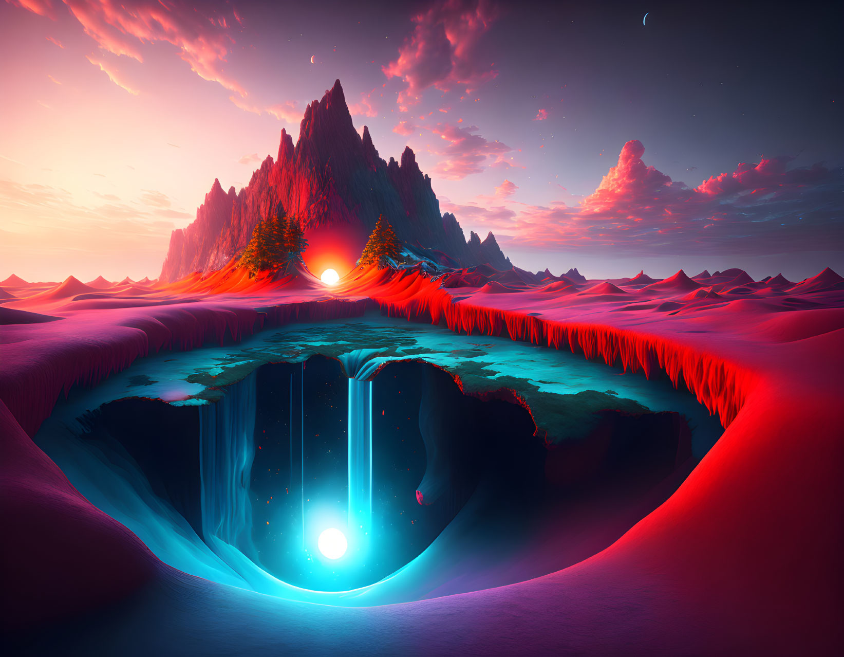 Mountainous landscape digital artwork: sunset, radiant sun, spherical portal, blue subterranean waterfall