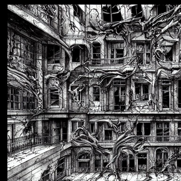 Detailed monochrome illustration of a dilapidated building with intricate branches.
