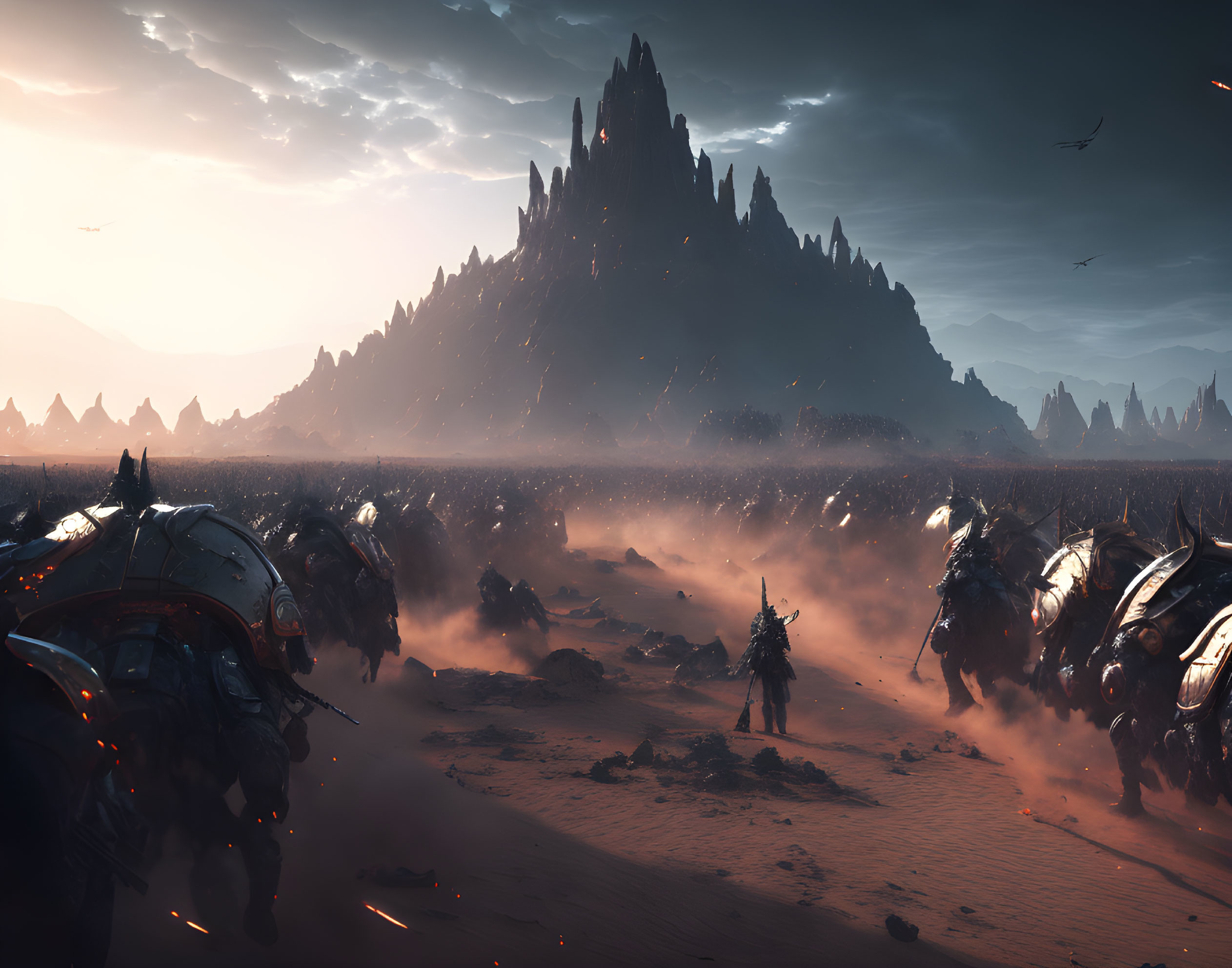 Warriors, beetle-like creatures, and mountain spire in vast landscape