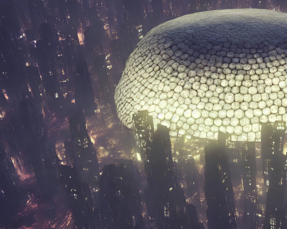 Futuristic cityscape with glowing dome structure