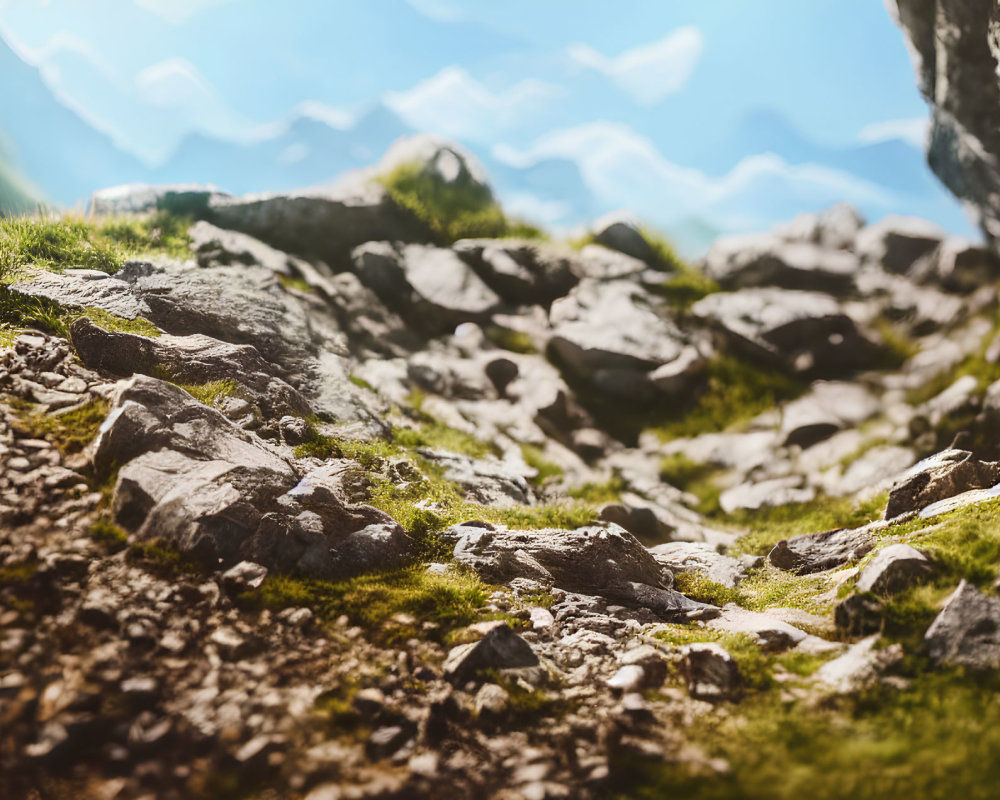 Rocky Mountain Path with Green Grass and Blurry Peaks Under Sunlight