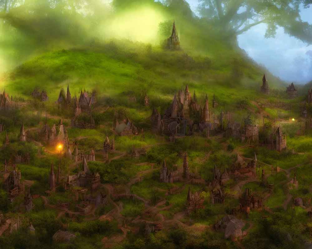 Mystical fantasy landscape with lush green hills and medieval buildings