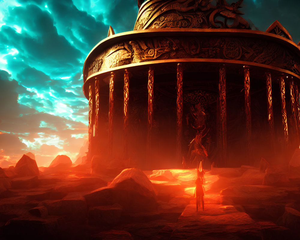 Figure stands before ancient ornate structure at sunset under teal sky