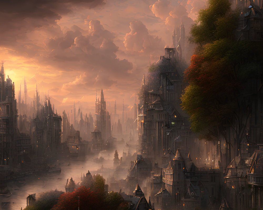 Fantasy cityscape with gothic architecture and ethereal glow at dusk