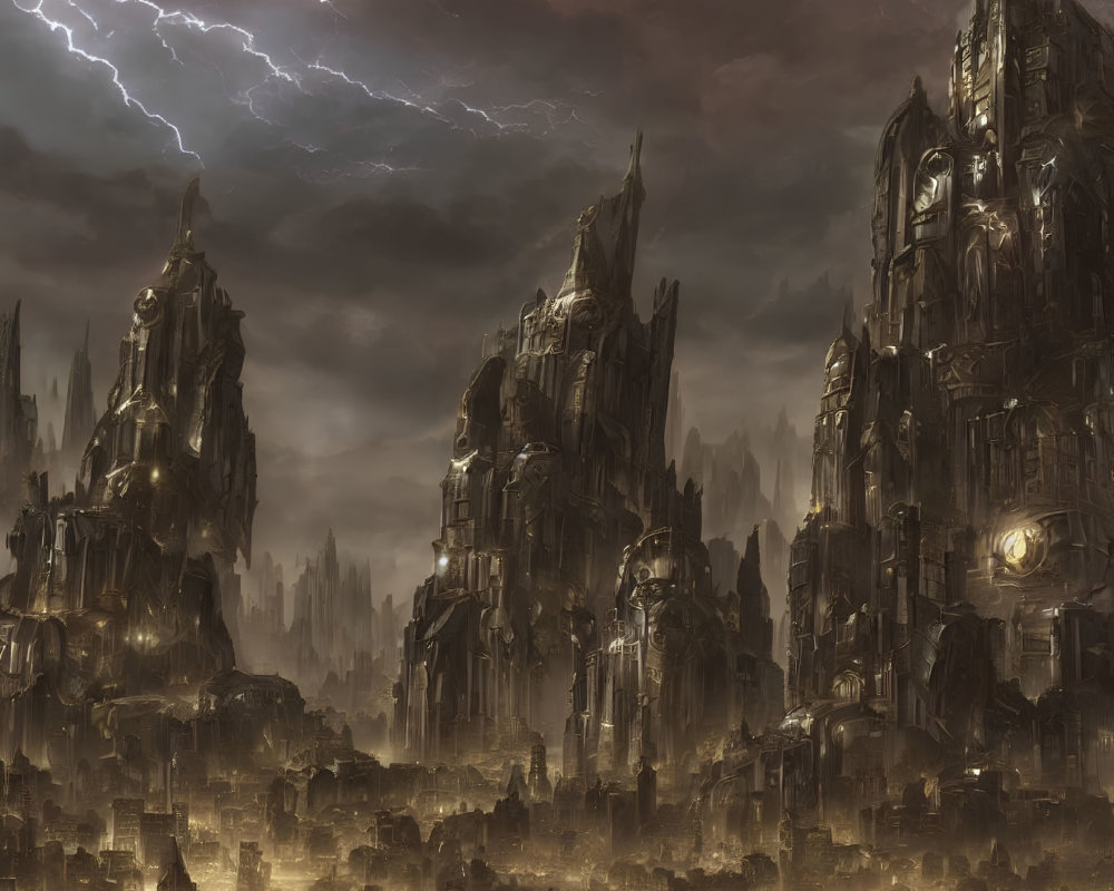 Dark Gothic Spires in Stormy Fantasy Cityscape