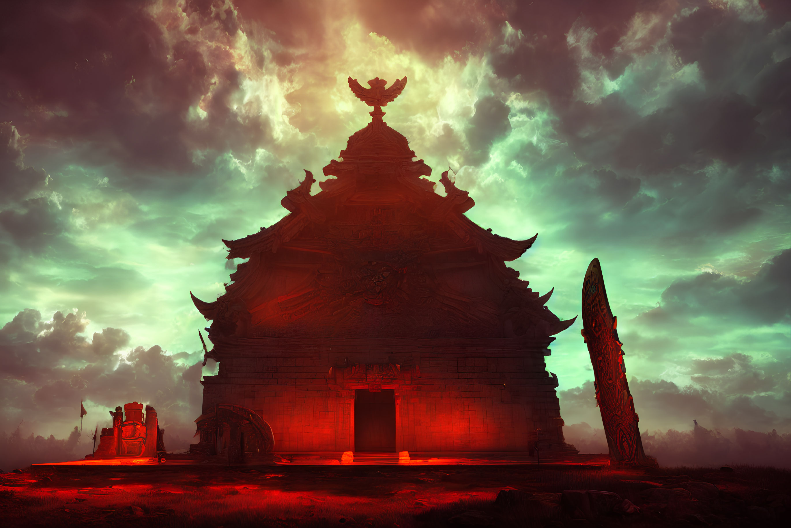 Ancient temple with intricate designs under a dramatic red sky