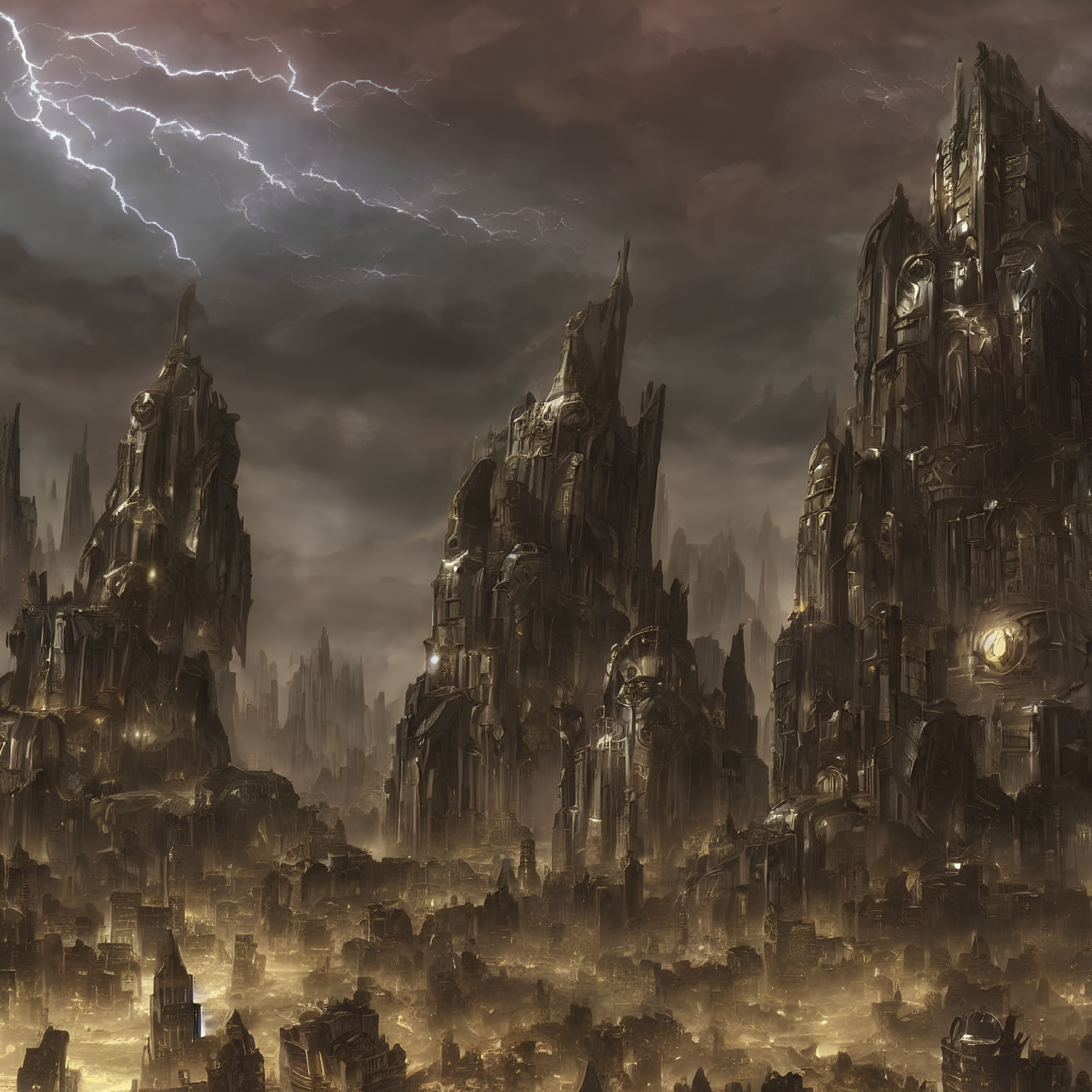 Dark Gothic Spires in Stormy Fantasy Cityscape