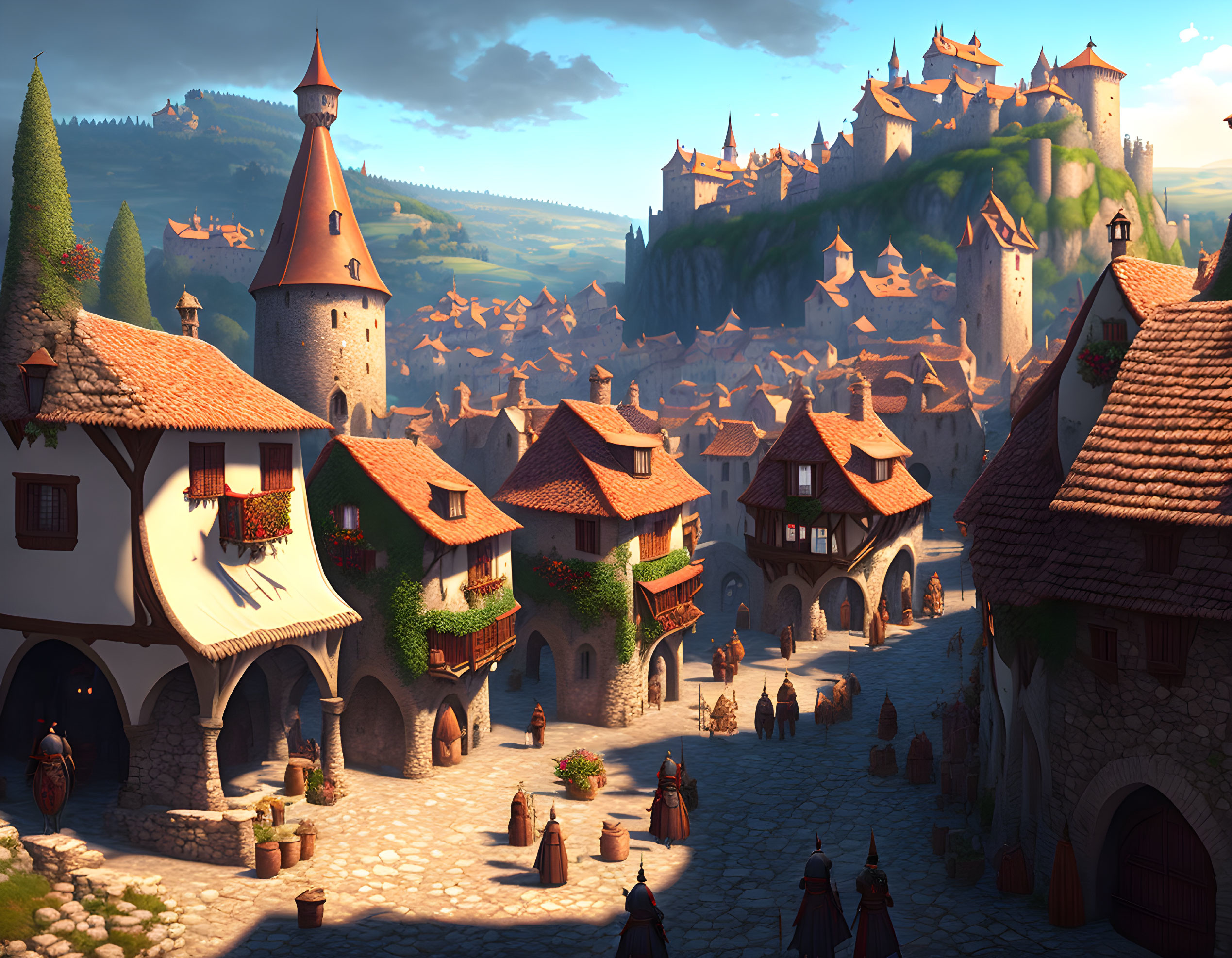 Medieval village with cobblestone streets and castle on hill