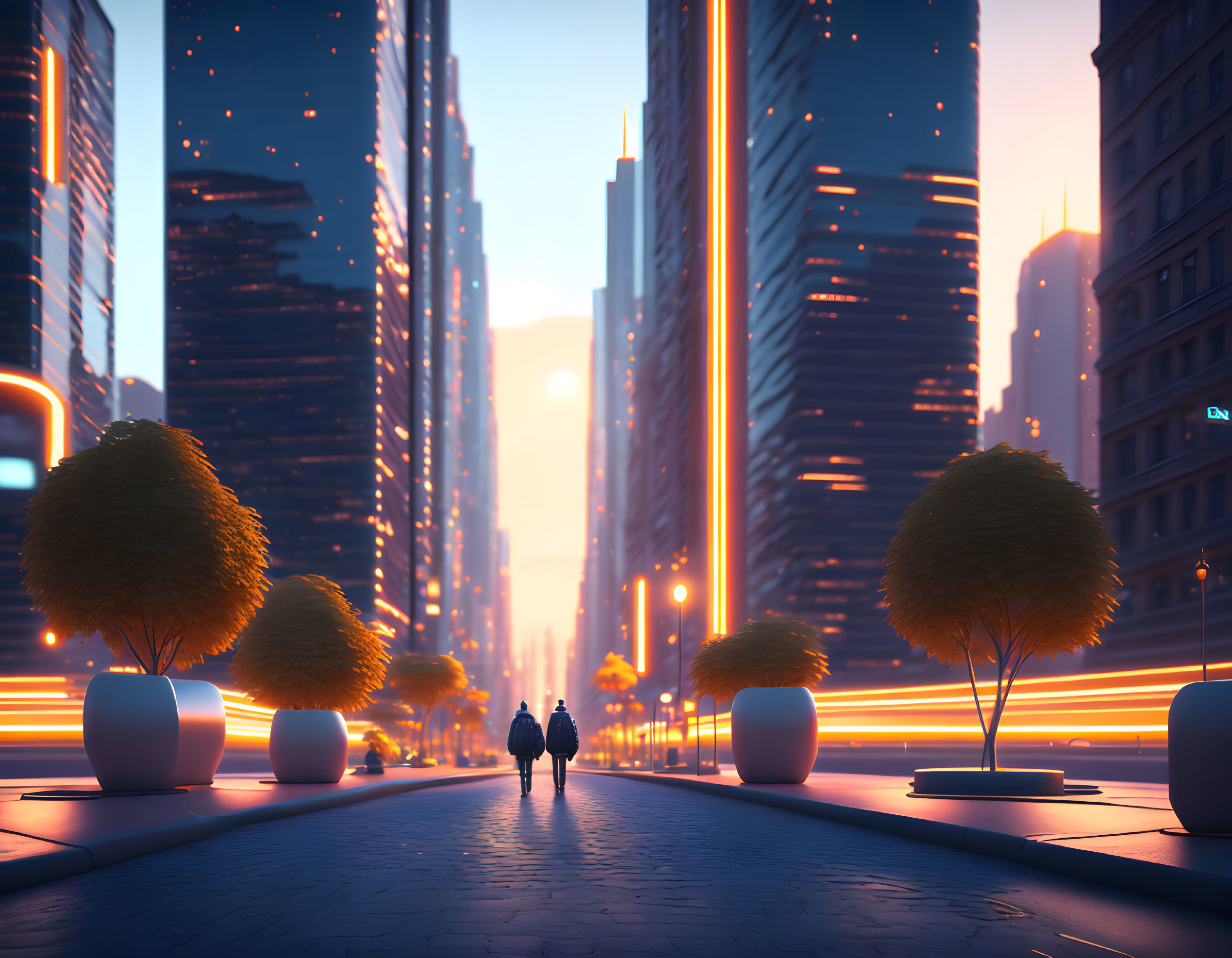 City street scene with two people walking towards a sunset amidst futuristic glowing lines and spherical trees.