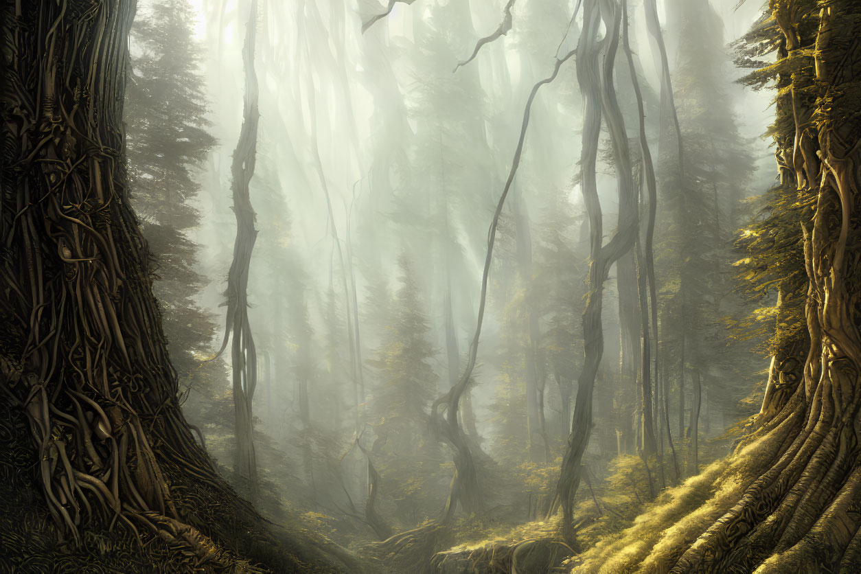 Misty forest scene with sunlight filtering through trees