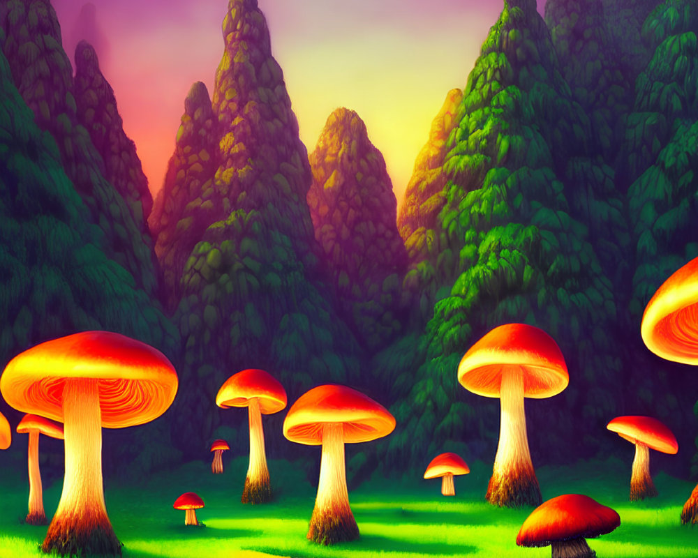 Fantasy landscape with oversized glowing mushrooms and lush forest path