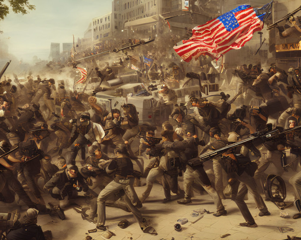 Urban Battle Scene with Armed Individuals and American Flags in Smoke