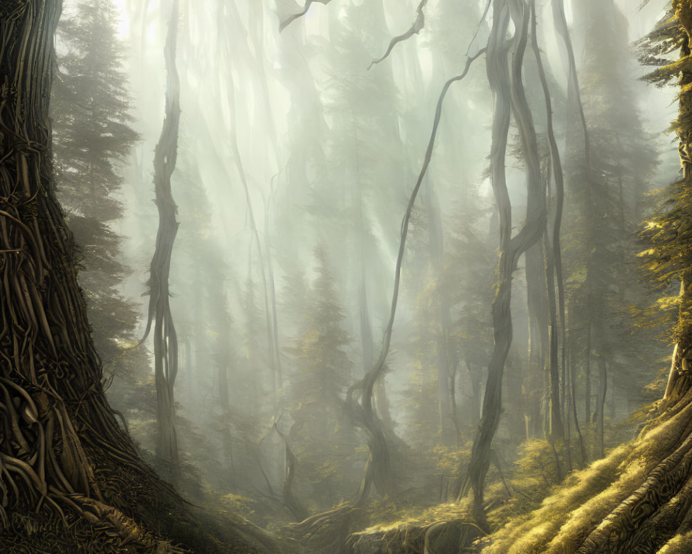 Misty forest scene with sunlight filtering through trees