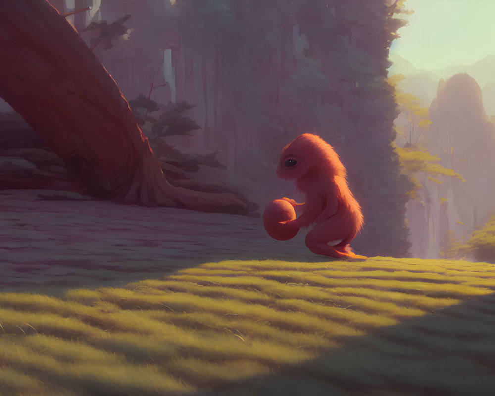 Red-furred whimsical creature holding a sphere in sunny forest scene