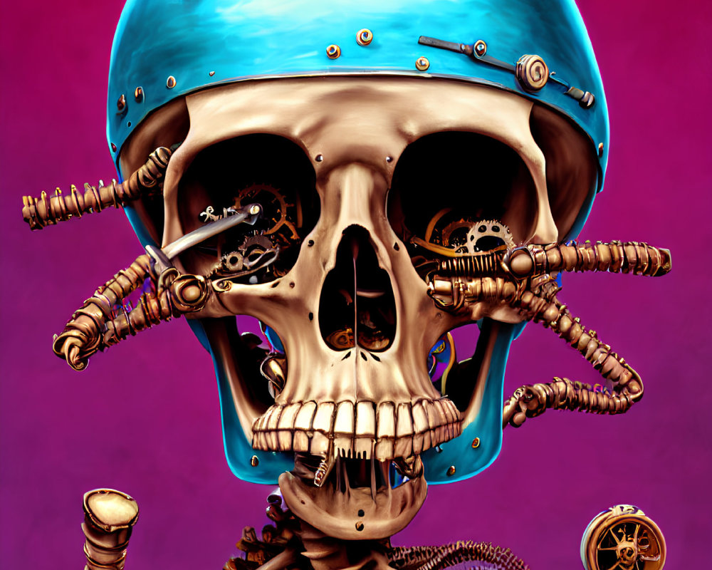 Illustration of skeletal figure with metallic tendrils, blue helmet, pink background.