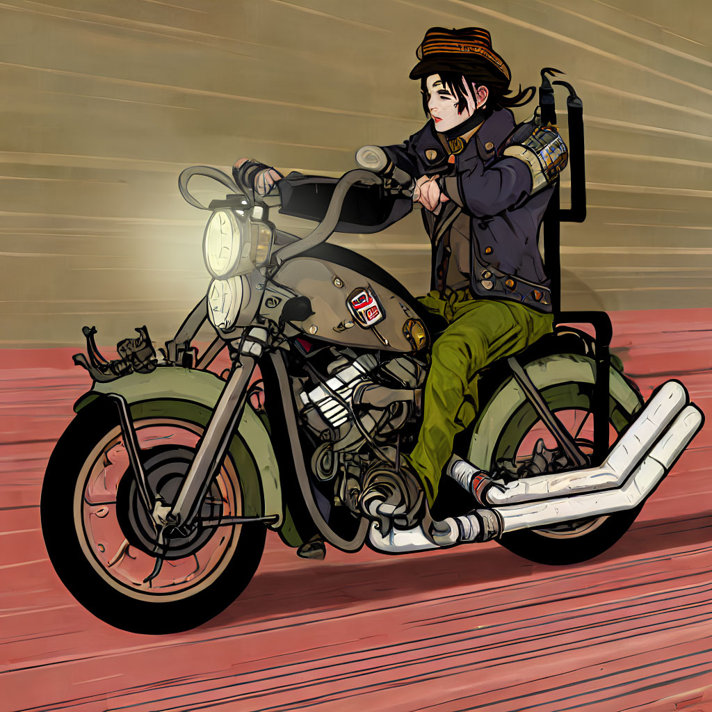 Illustration of character in black beanie on motorcycle