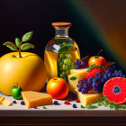 Colorful Still Life with Fruits, Cheese, and Oil Bottle