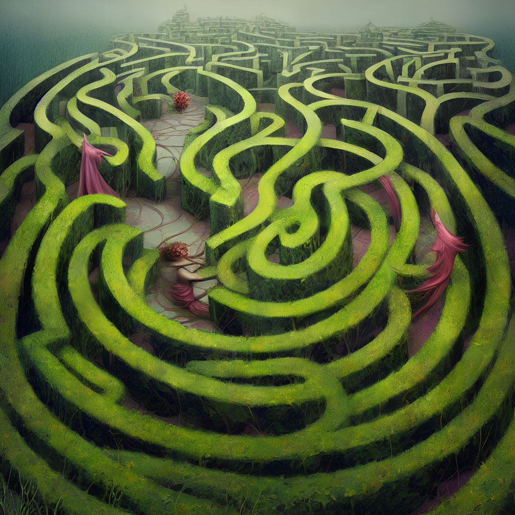 Intricate Swirl Patterns in Green Hedge Maze with Pink-Robed Figures