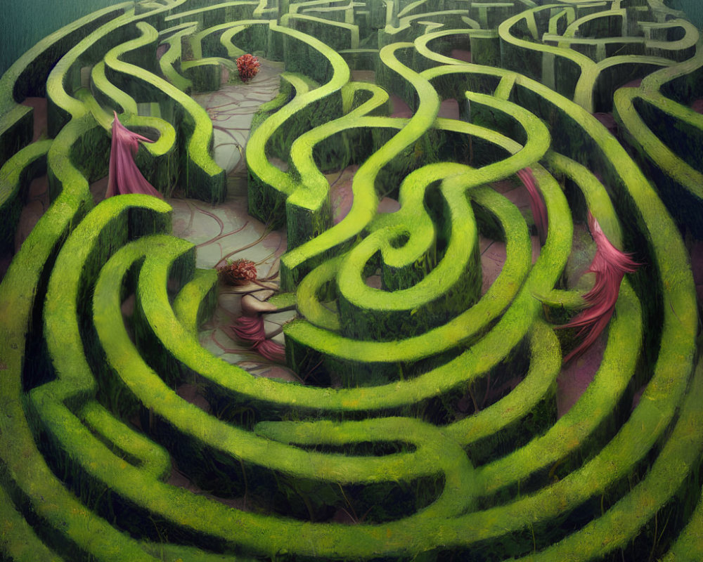 Intricate Swirl Patterns in Green Hedge Maze with Pink-Robed Figures