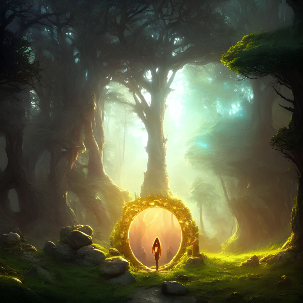 Solitary figure in front of luminous circular portal in mystical forest