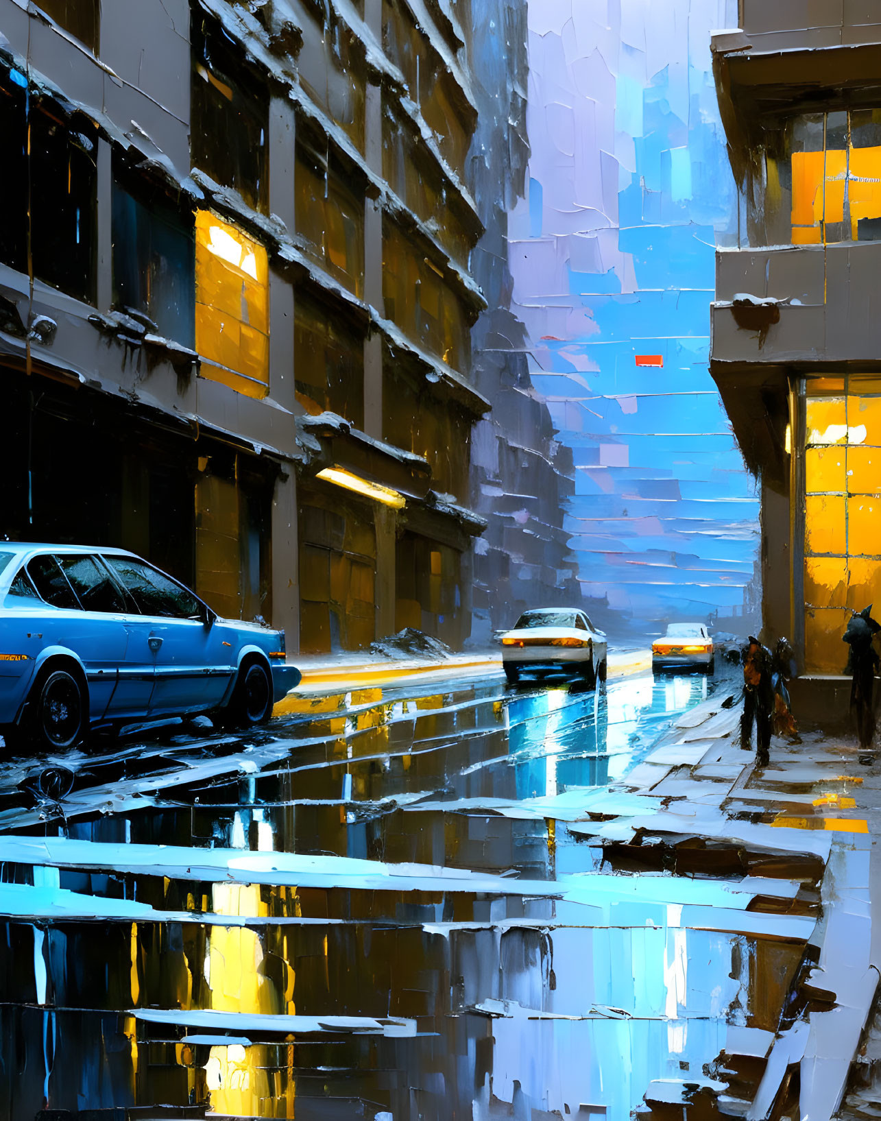 Vibrant urban street scene in the rain with blue tones, reflections, taxi, and figures.