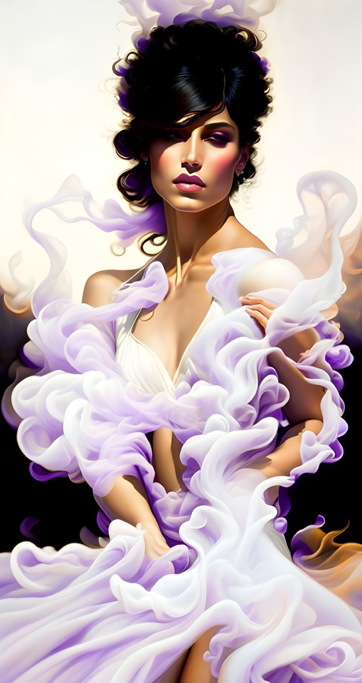 Illustrated woman in white and purple dress with swirling patterns