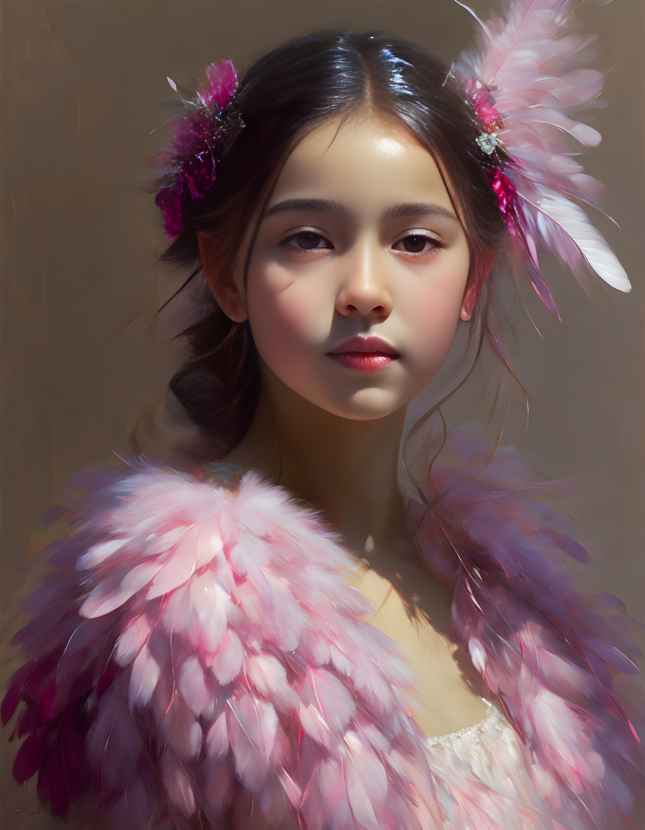 Portrait of girl with pink feathered accessories on hair and shoulders.