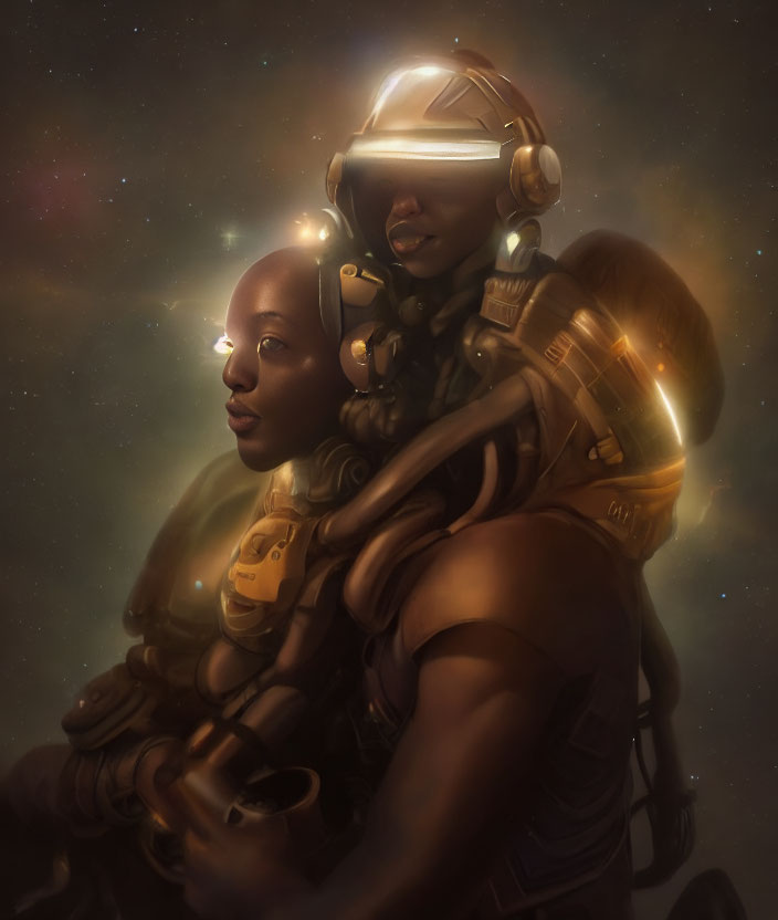 Futuristic space suits embrace under starlit sky