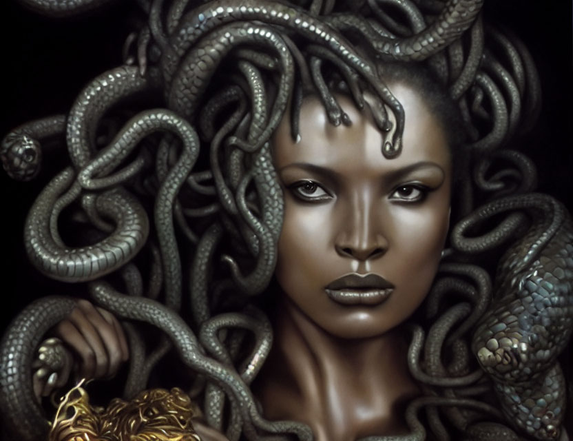 Woman with serpent hair reminiscent of Medusa in mythology