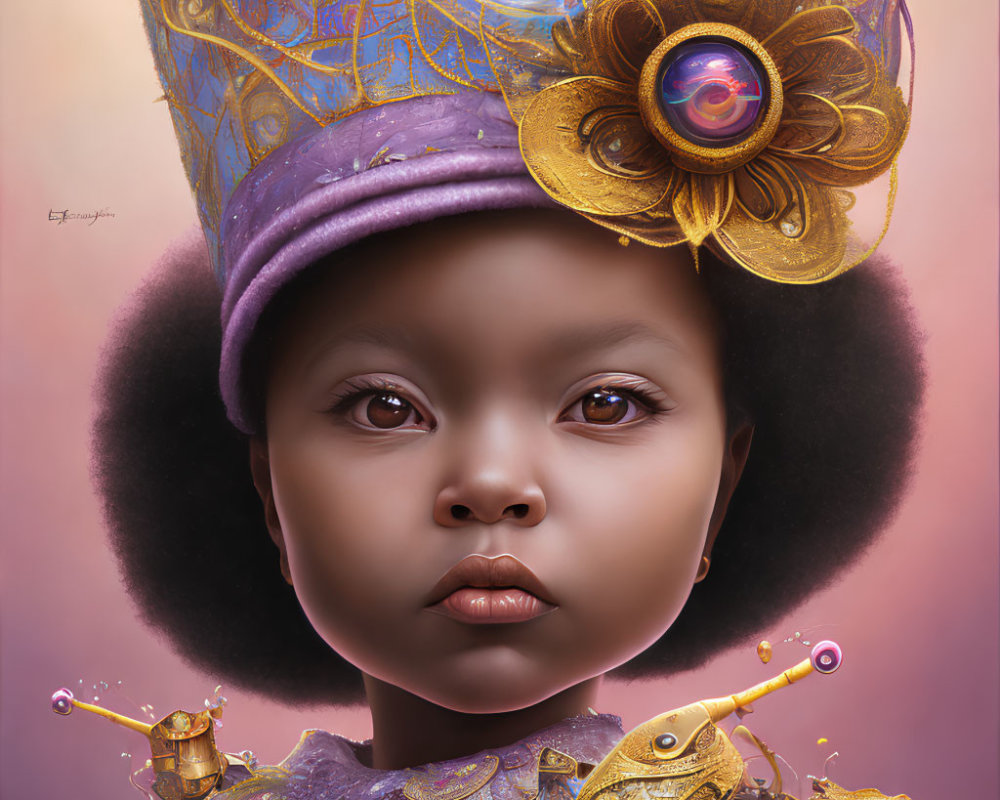 Young girl with regal purple hat, golden shoulder armor, and whimsical snail companion