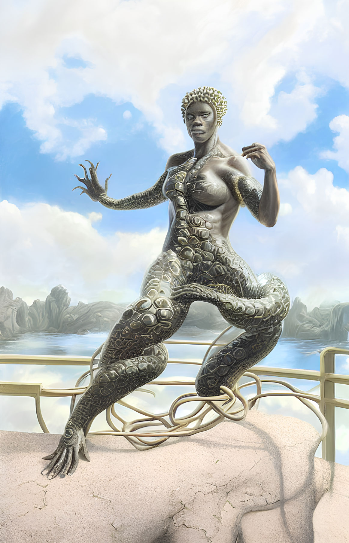 Mystical humanoid figure with intricate body patterns against cloudy sky