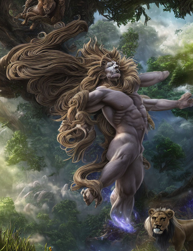 Majestic lion-headed humanoid in lush forest