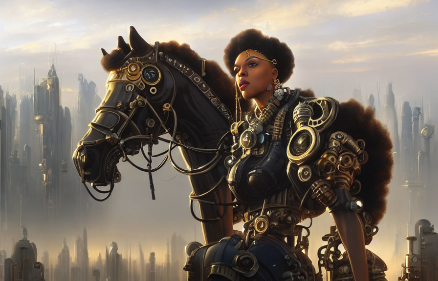 Futuristic steampunk warrior woman on mechanical horse in golden cityscape