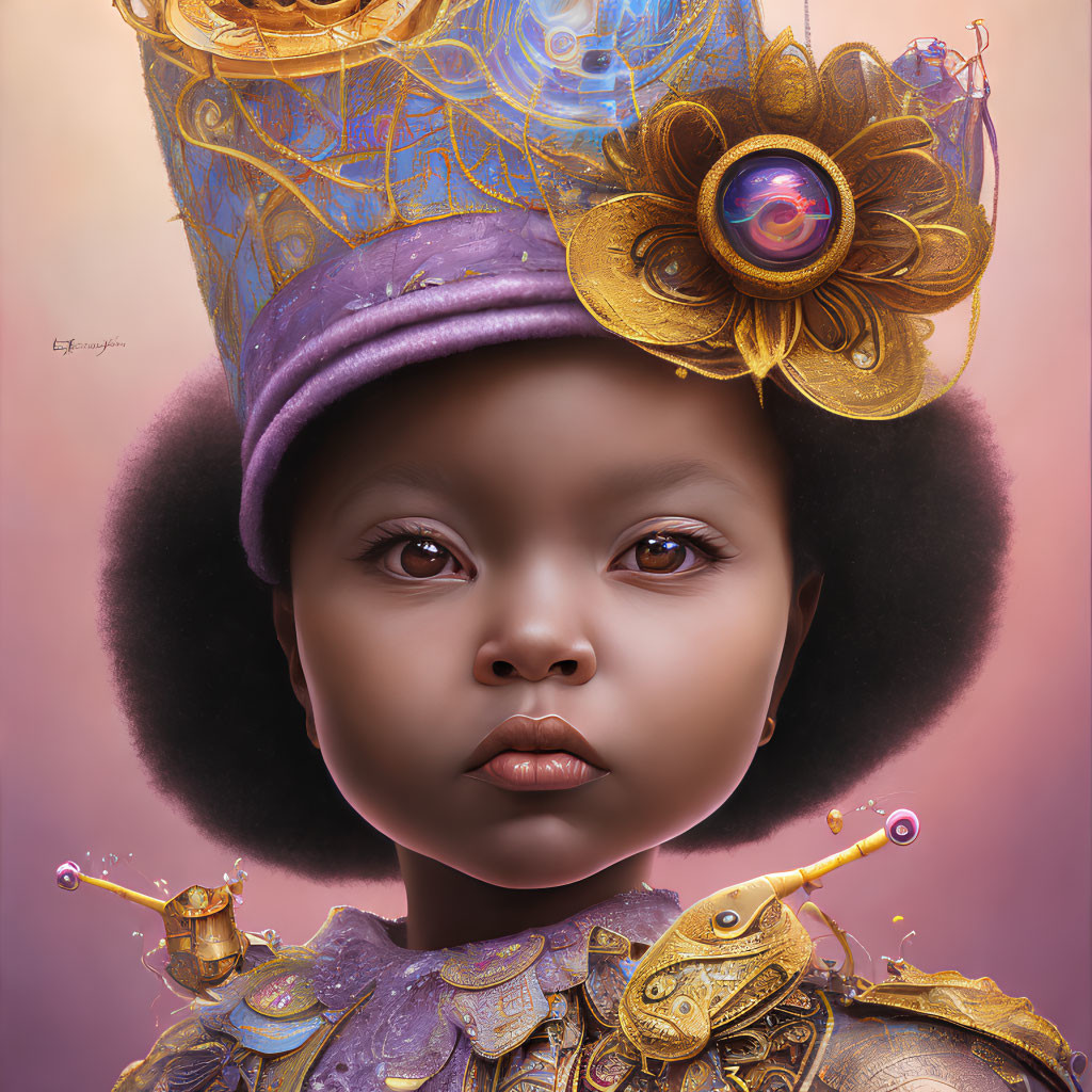 Young girl with regal purple hat, golden shoulder armor, and whimsical snail companion