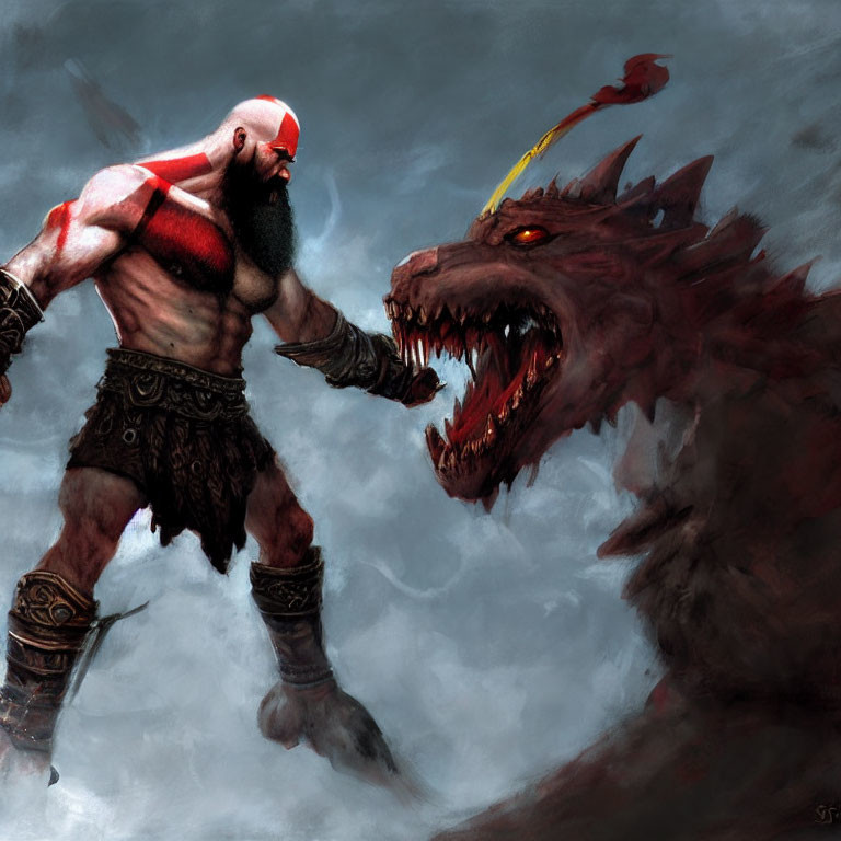 Muscular warrior with red tattoo battles dragon-like creature in stormy scene