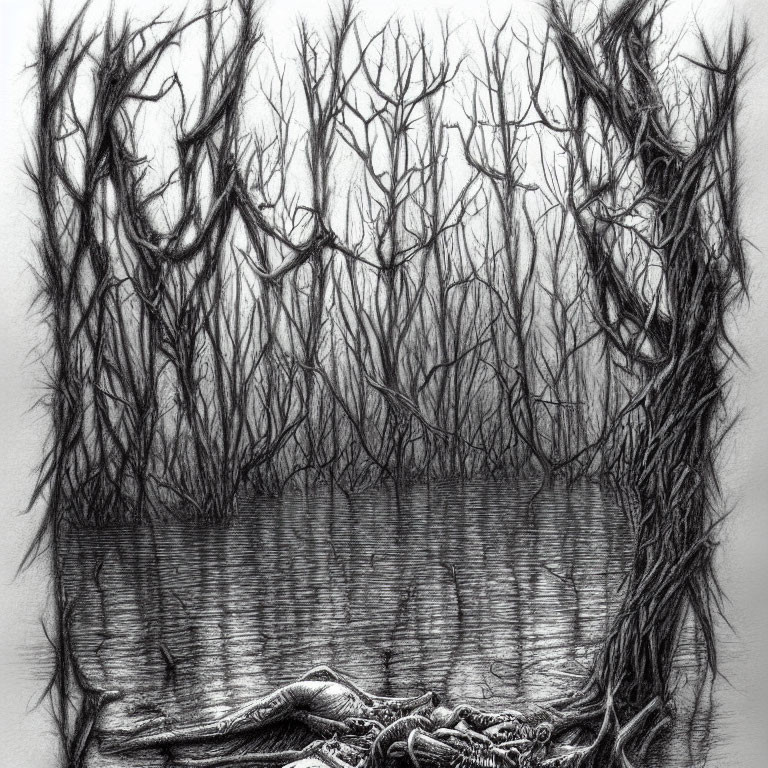 Detailed pencil sketch of eerie forest with bare trees, dark water reflection, and twisted roots