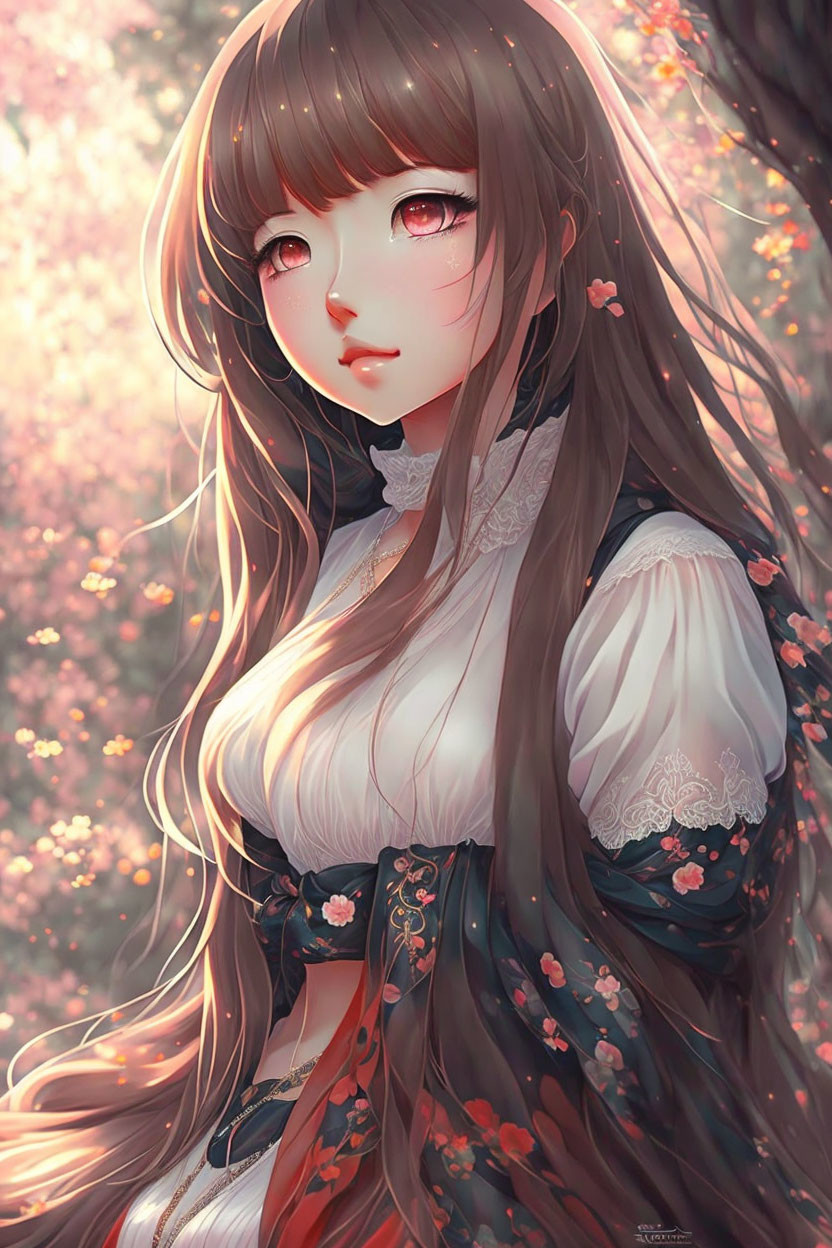 Anime-style girl with long brown hair in Victorian dress among pink blossoms